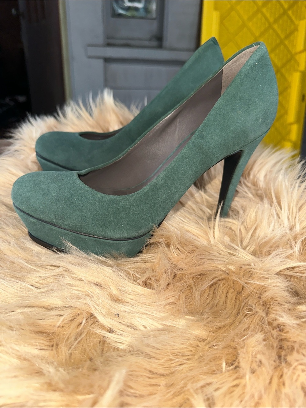 Pour La Victoire Green Suede Platform Stiletto Pumps